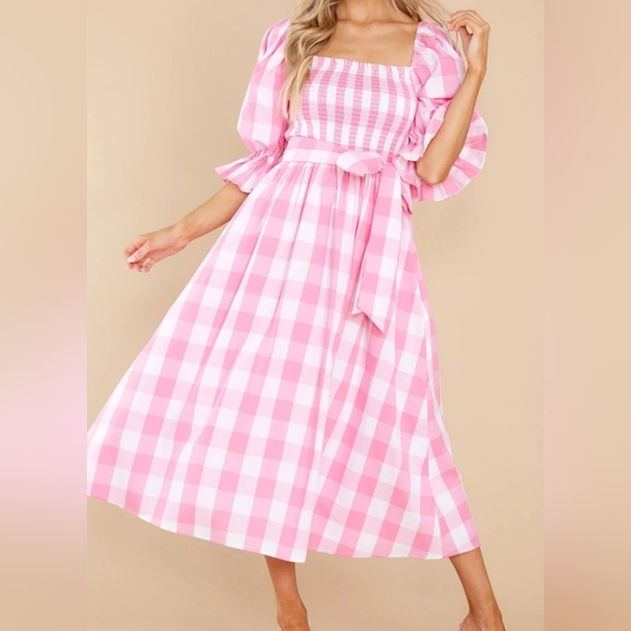 Red Dress Boutique Dresses & Skirts - Red Dress Aura Barbie Pink Gingham Smocked Midi Dress Size S
